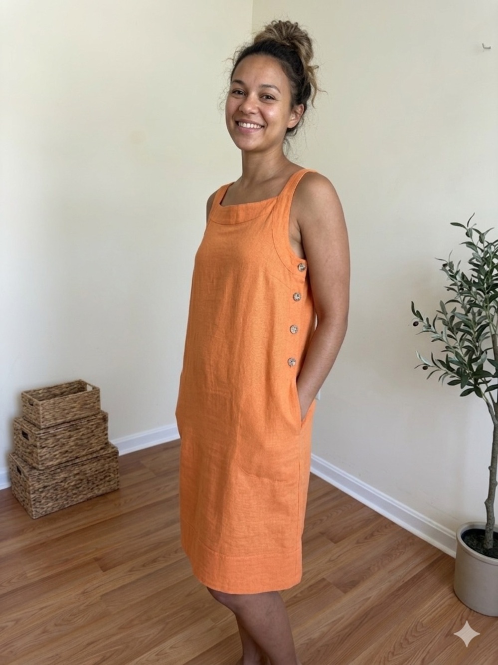 NWT FOR CYNTHIA Linen Blend Midi Dress Side Button Keyhole Back Sz 8